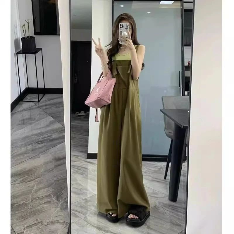 特大码300斤胖妹妹复古背心背带裤套装夏季高腰阔腿长裤两件套女