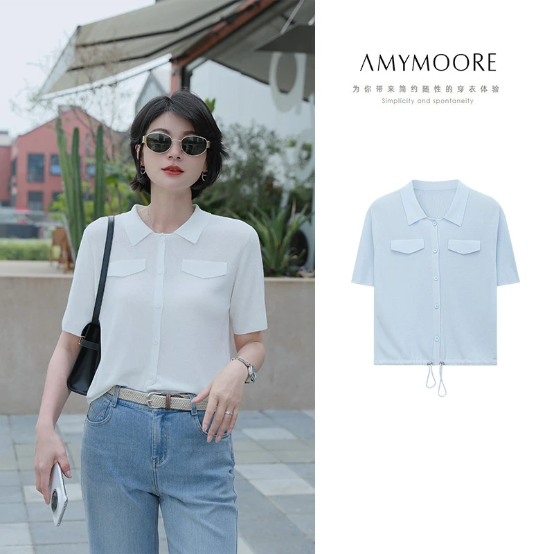 AMYMOORE艾莫尔女装2025年夏季女装T恤短袖白色针织衫开衫780170