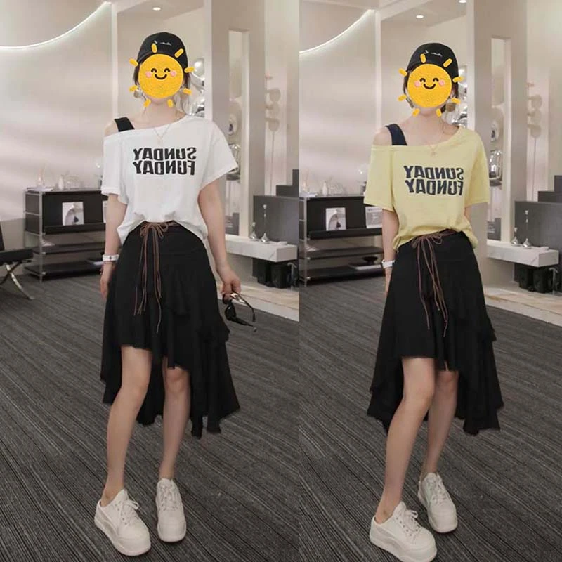 2025新款夏季时尚休闲气质显瘦字母T恤韩版上衣高腰半身裙两件套