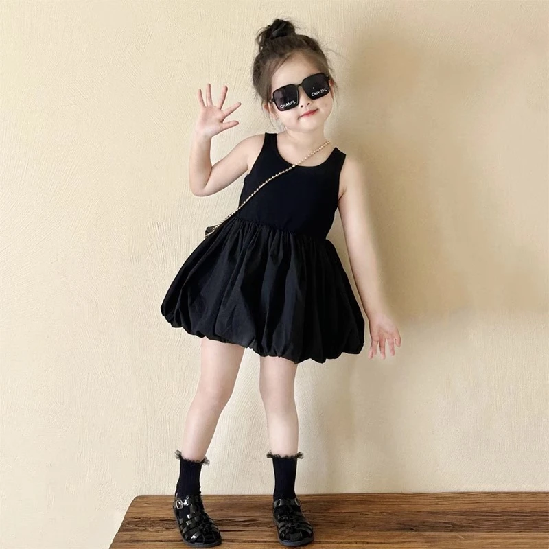 女童夏季洋气连衣裙2025新款儿童装背心裙女宝宝无袖黑色公主裙