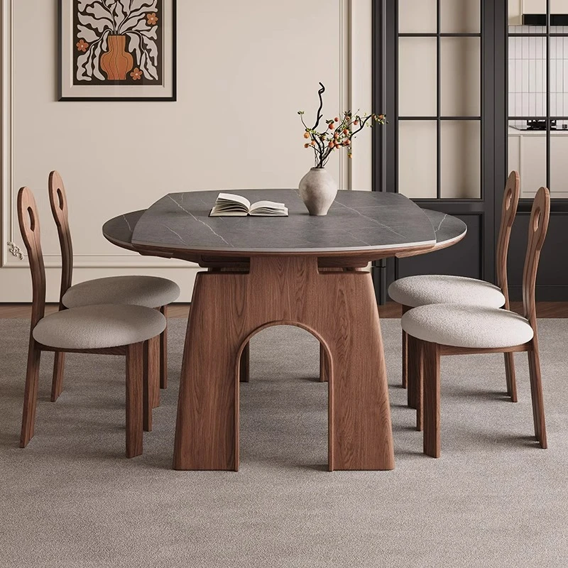 中古风折叠实木餐桌椅岩板2025新款美式法式伸缩方可变圆桌小户型