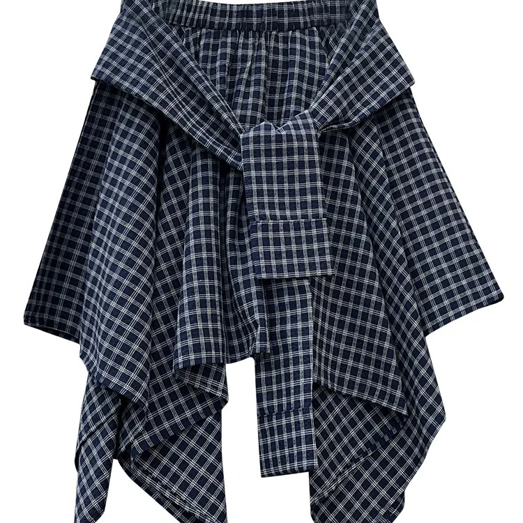 蓝色不规则格子绑带半身裙女夏季a字短高腰蓬蓬裙