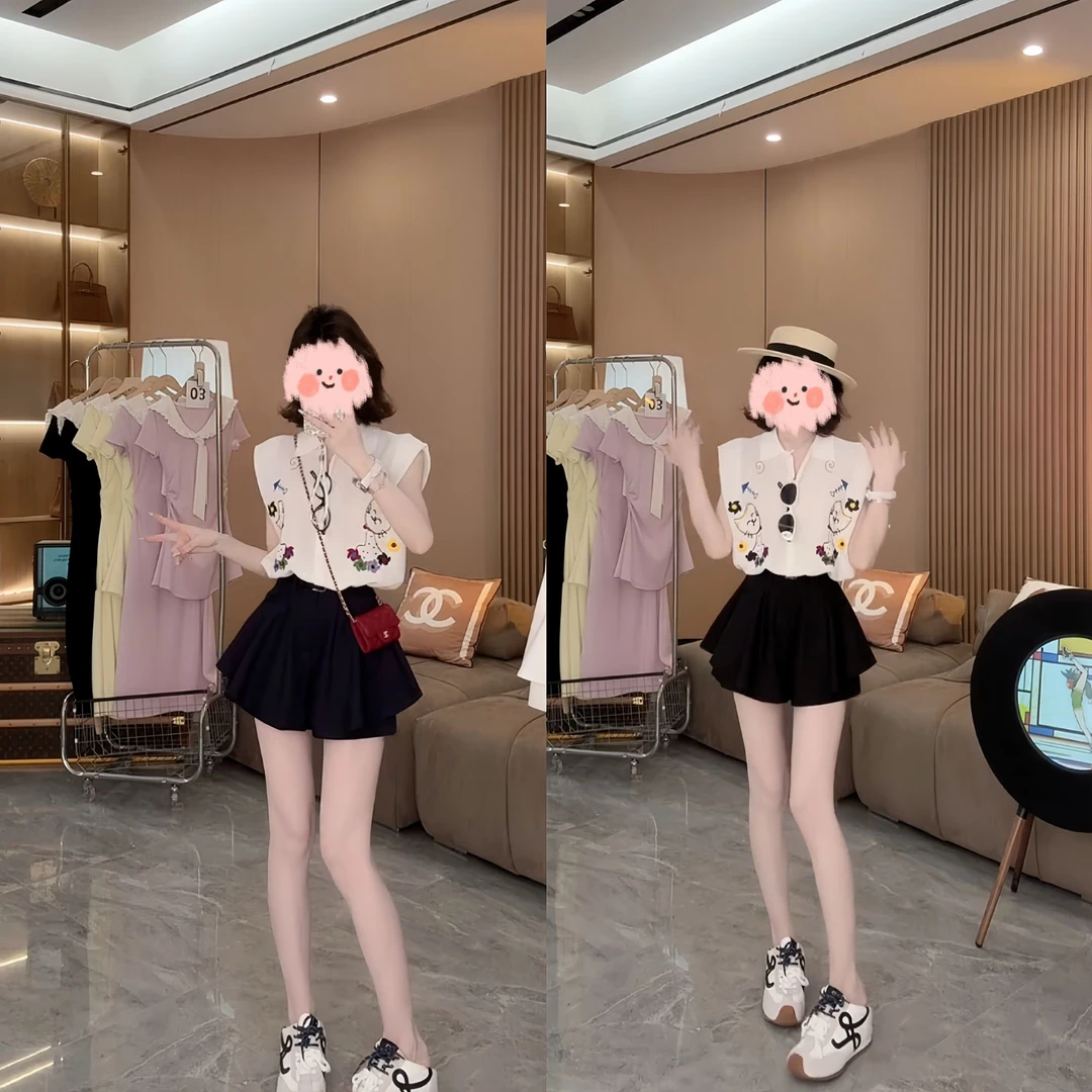 2025夏季洋气穿搭一整套猫咪图案针织衫百搭洋气减龄显瘦裤裙套装