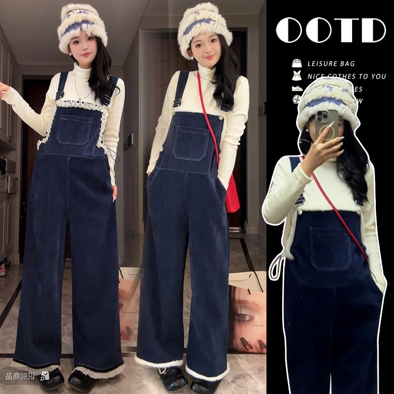 丝绒孕妇背带裤秋冬装加绒加厚减龄洋气花边孕妇装秋冬季套装外穿