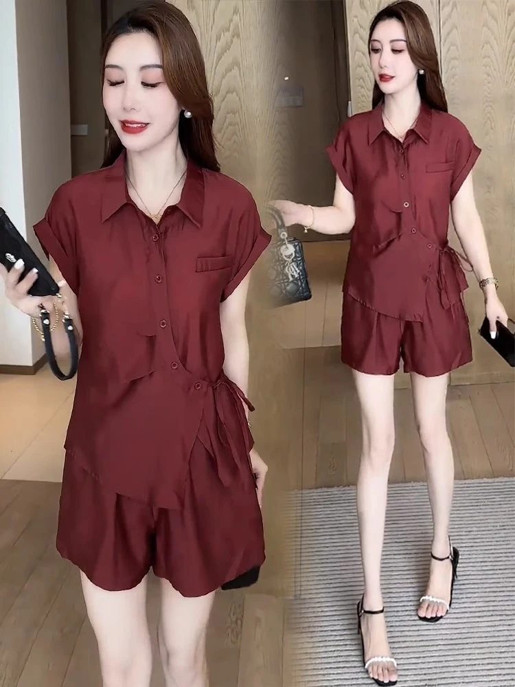 时尚套装女2025夏季新款洋气显瘦不规则短袖衬衫短裤气质两件套潮