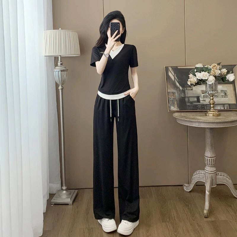 运动休闲套装女2025夏季新款洋气显瘦黑色假两件短袖阔腿裤两件套