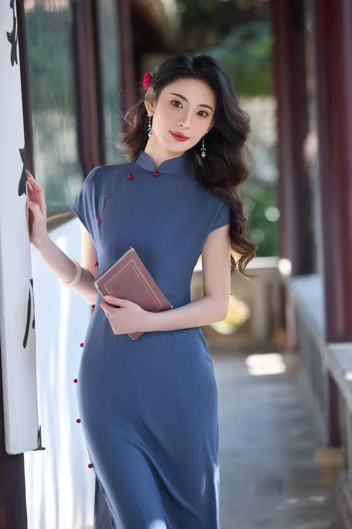 年轻款民国文艺复古『蓝诗』旗袍
