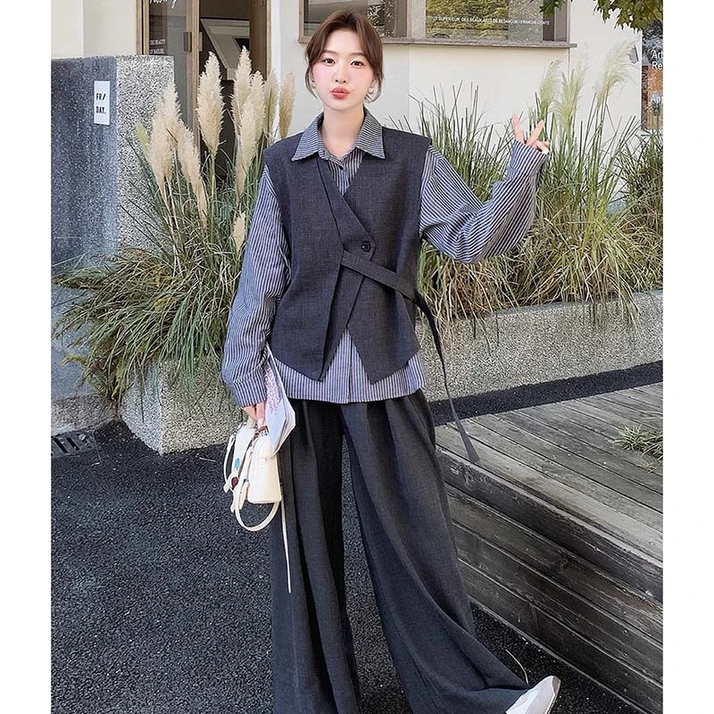 【三件套】女春秋季2025新款不规则时尚马甲衬衫阔腿裤套装QJ0087