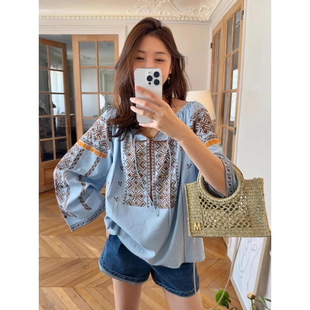 咆哮推荐~颜值拉满轻奢高级感上衣独特别致气质蓝色印花衬衫