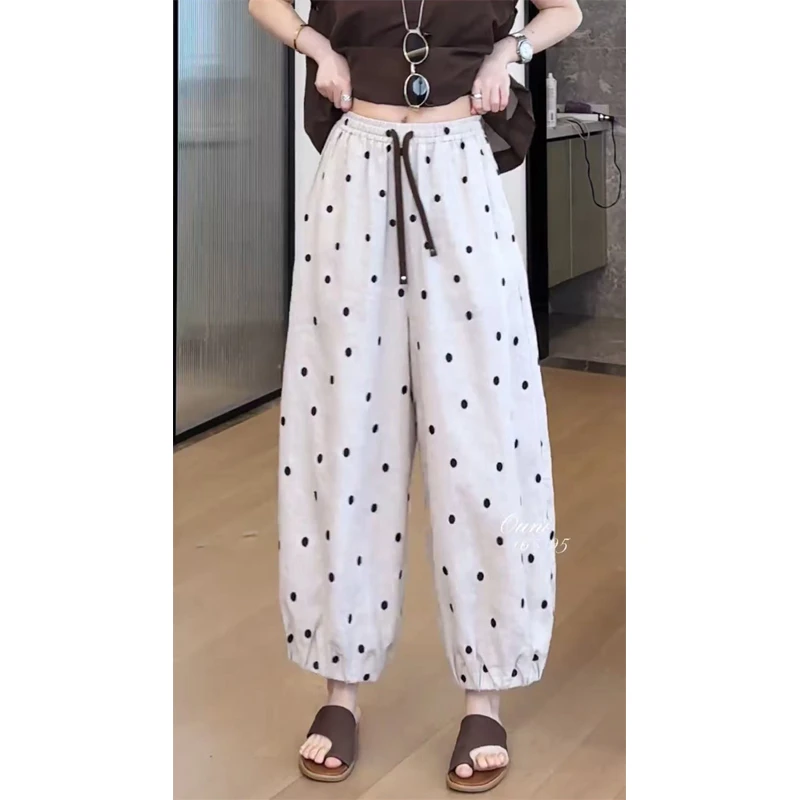 波点简约百搭休闲裤子女夏季新款梨型身材显瘦九分阔腿裤宽松