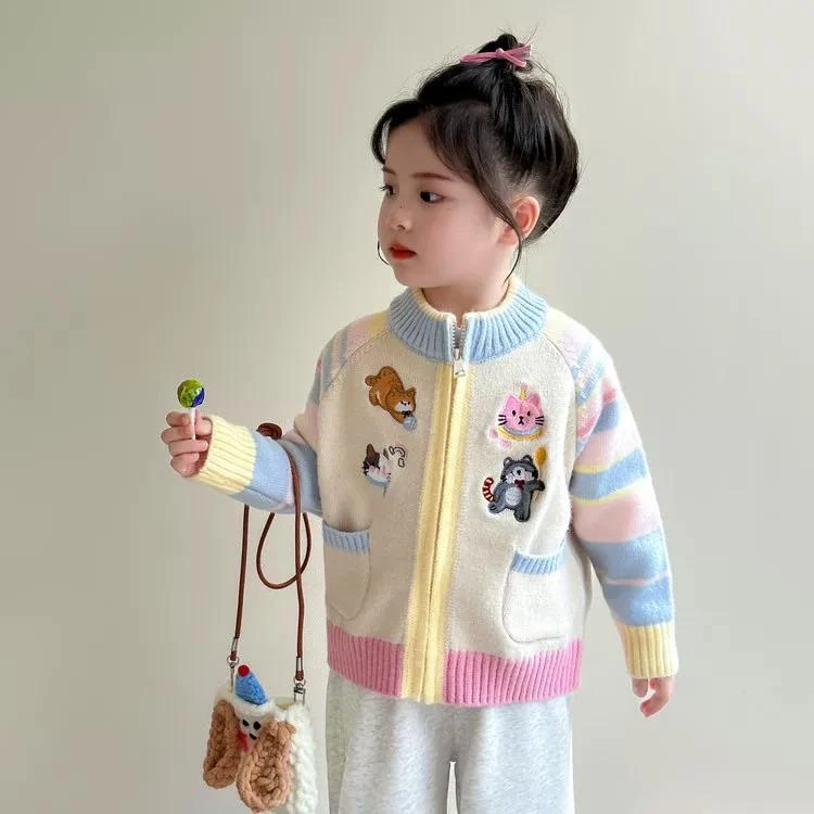 女宝秋外套小童卡通拼色拉链开衫洋气宝宝进口纱线针织上衣MY013