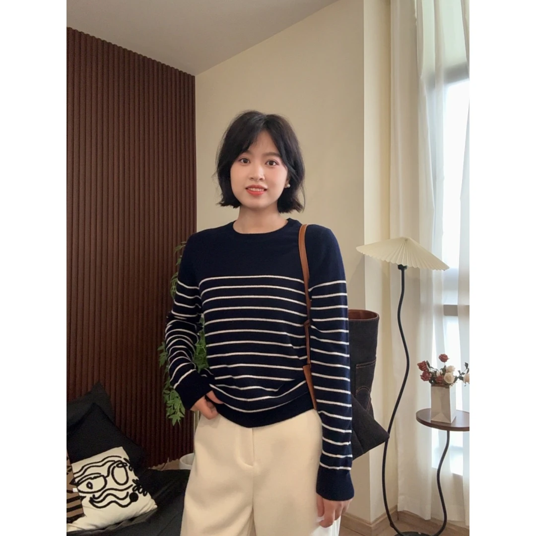 「海派长袖版」秋冬100%羊毛长袖针织衫宽松条纹上衣圆领正肩A0958