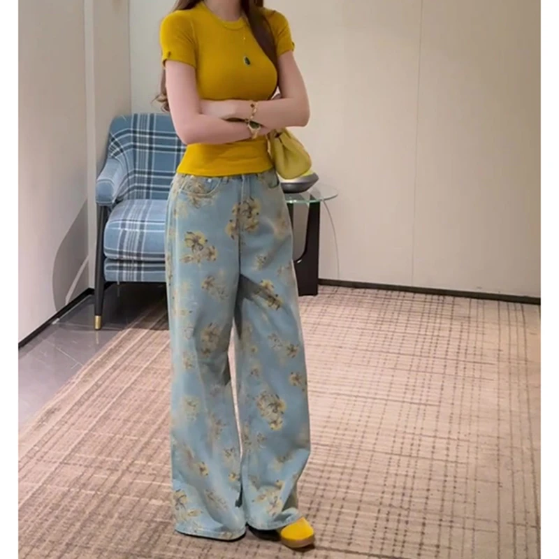 美式复古蓝色花朵印花阔腿牛仔裤女2025夏季设计感小众宽松直筒裤