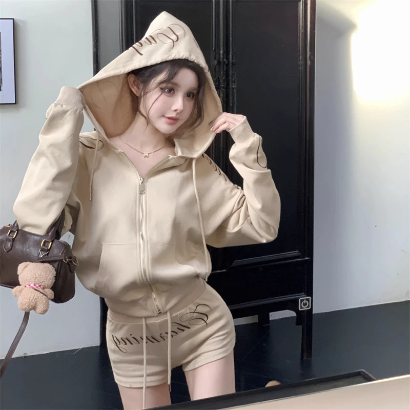 2025夏季新款拉链时尚连帽卫衣外套春秋辣妹系绳字母印花短裤套装