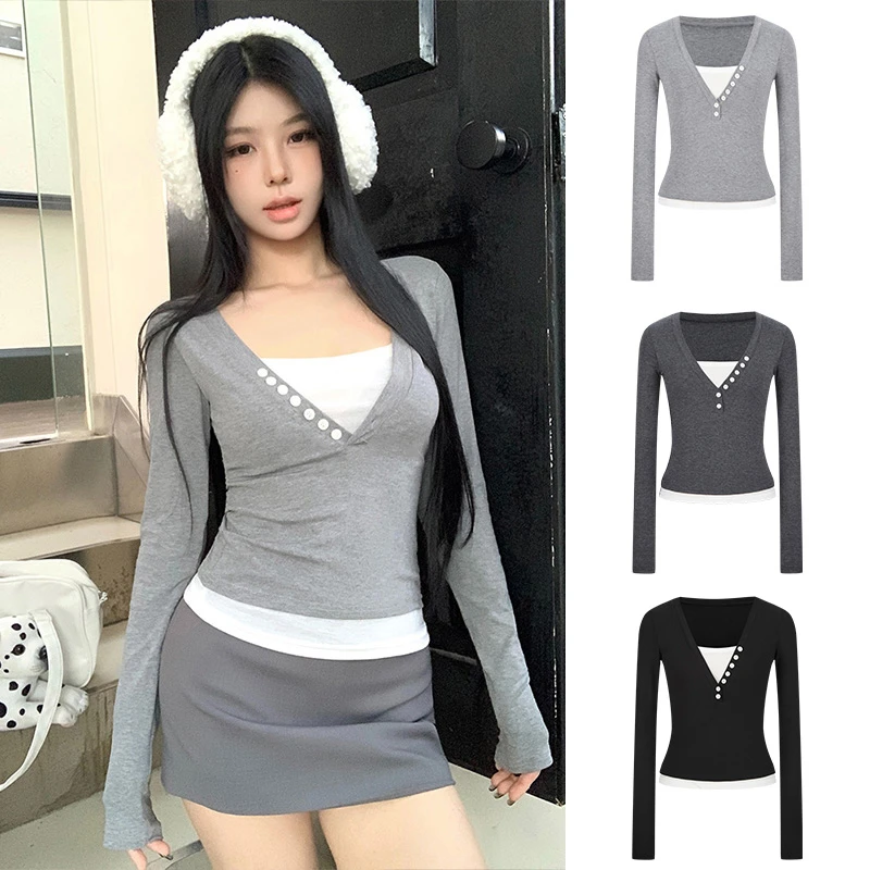 MosesQueen/魔西女王美式辣妹假两件复古长袖T恤纯欲V领拼接上衣