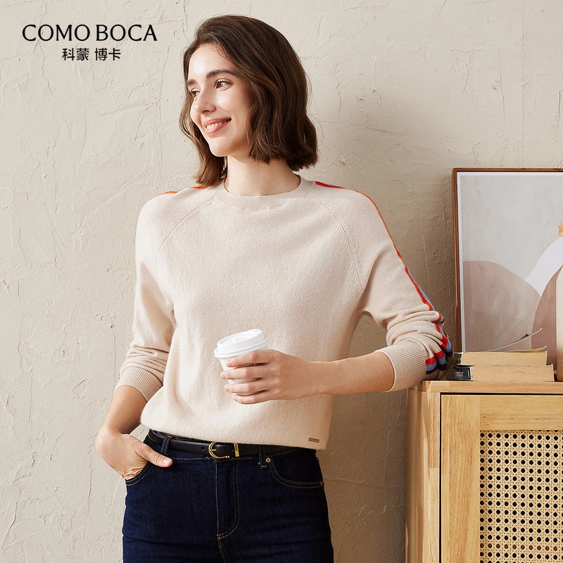 COMOBOCA/科蒙·博卡24新款圆领套头女撞色针织纯羊绒衫KSS1850