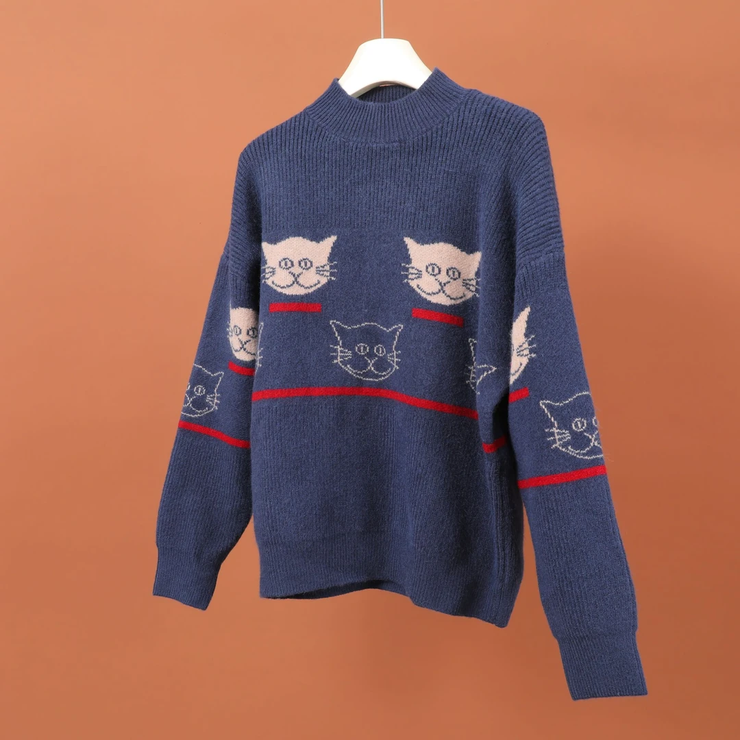 R-00581 舒适软糯！秋冬女士时尚宽松百搭印花提花半高领毛衣