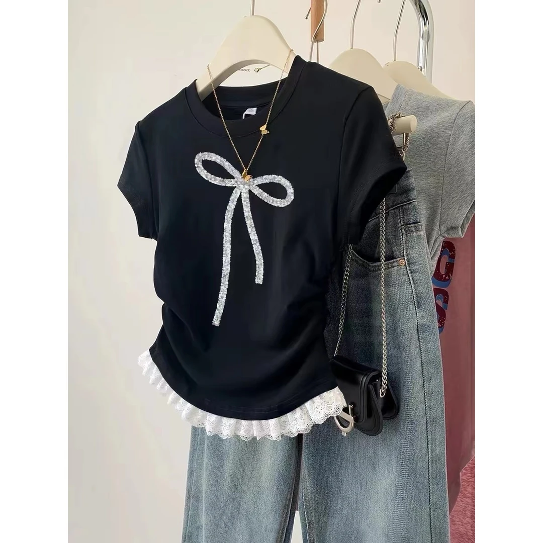 新款显瘦洋气蕾丝蝴蝶结短袖t恤女夏季短款收腰正肩上衣穿搭女装