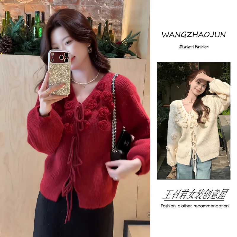 秋冬季2025新款女装流行韩系穿搭小香风气质百搭绑带花朵针织开衫