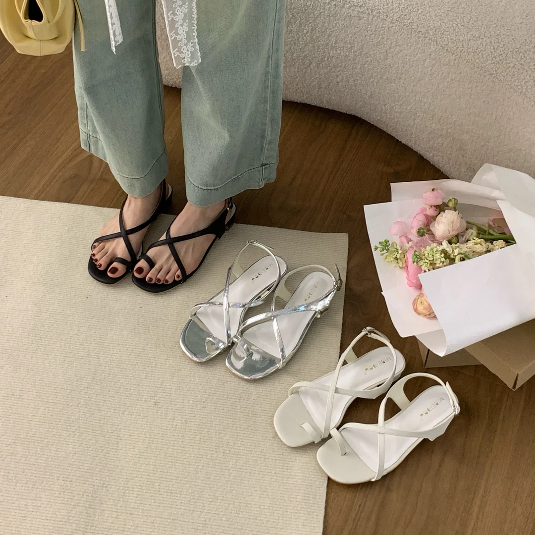 2025夏季羊皮真皮露趾方头一字带粗跟拖鞋低跟一脚蹬凉拖女327-3