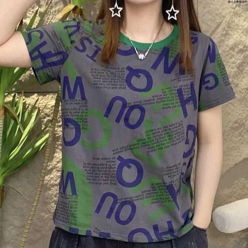 印花圆领宽松百搭洋气半袖休闲时尚显瘦大码网红夏季短袖