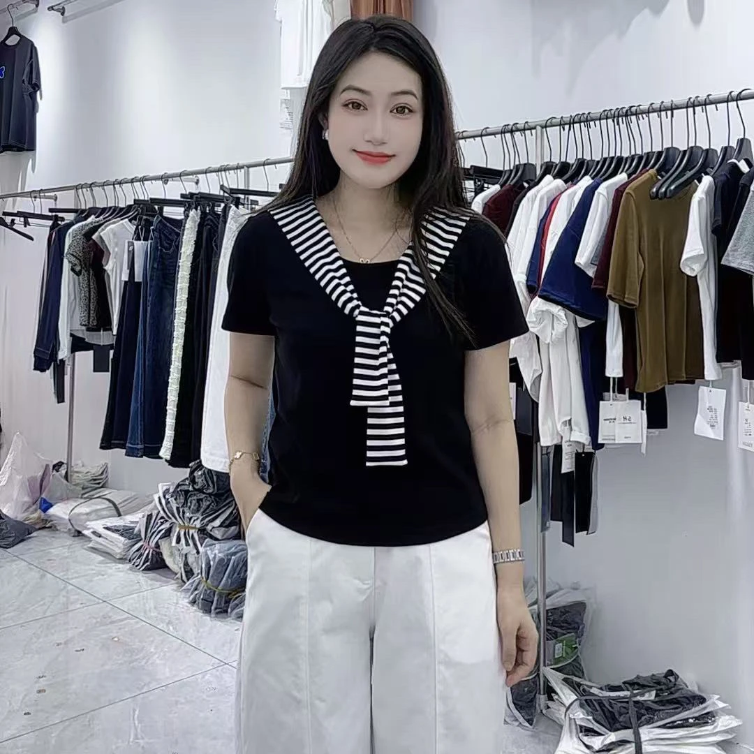 903 新款时尚韩版设计感披肩条纹短袖T恤女百搭修身显瘦上衣