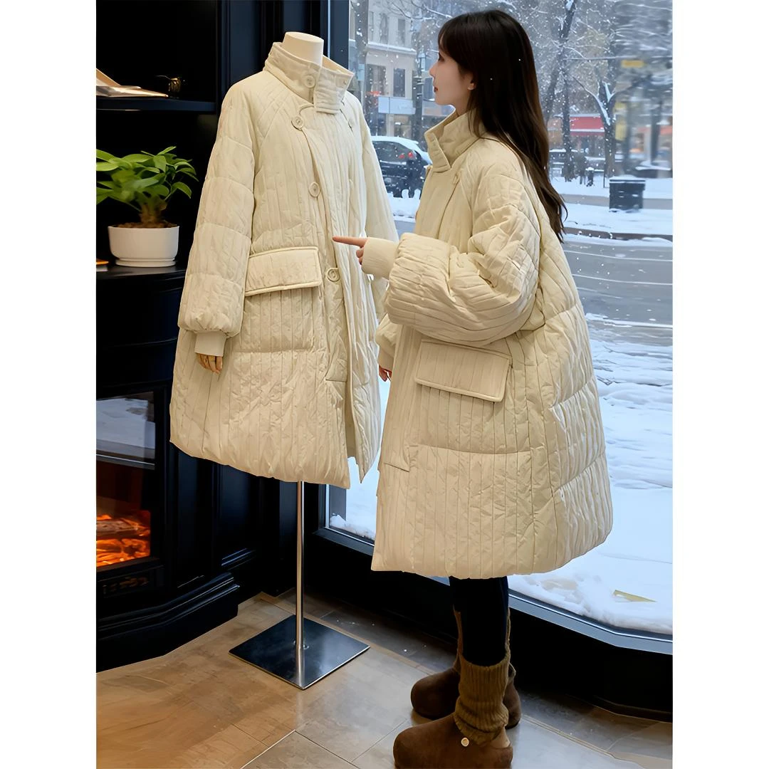 今年流行漂亮秋冬款韩版棉服女赫本风褶皱休闲中长款时尚减龄外套