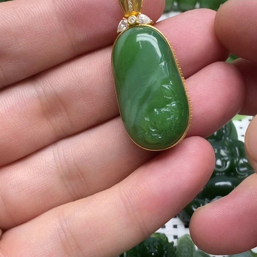 和田玉（碧玉）18K金镶嵌吊坠(不含链)
