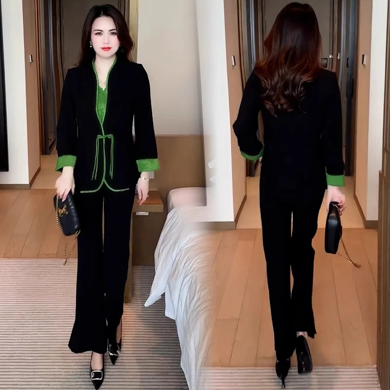 新中式时尚套装女春季新款气质显瘦撞色拼接盘扣上衣阔腿裤三件套