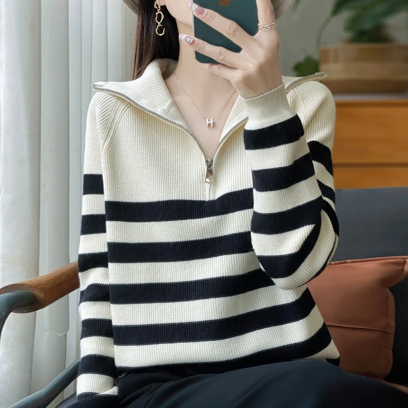 COS MOCO UR海魂风半拉链翻领针织衫毛衣女慵懒条纹长袖秋冬宽