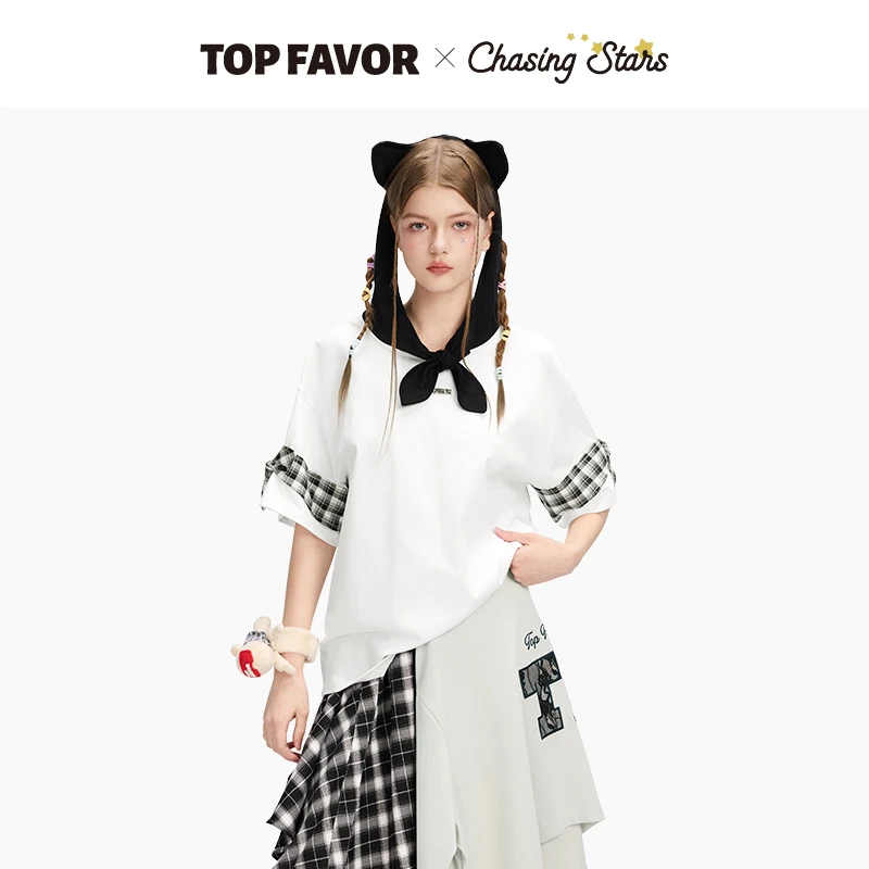 TOP FAVOR【午后猫步】2025夏季新款宽松T恤猫耳格纹假两件短袖女