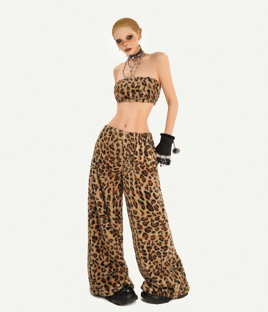 奶酷墨莉 美式辣妹豹纹抹胸背心阔腿裤套装女显瘦时尚套装-T26119