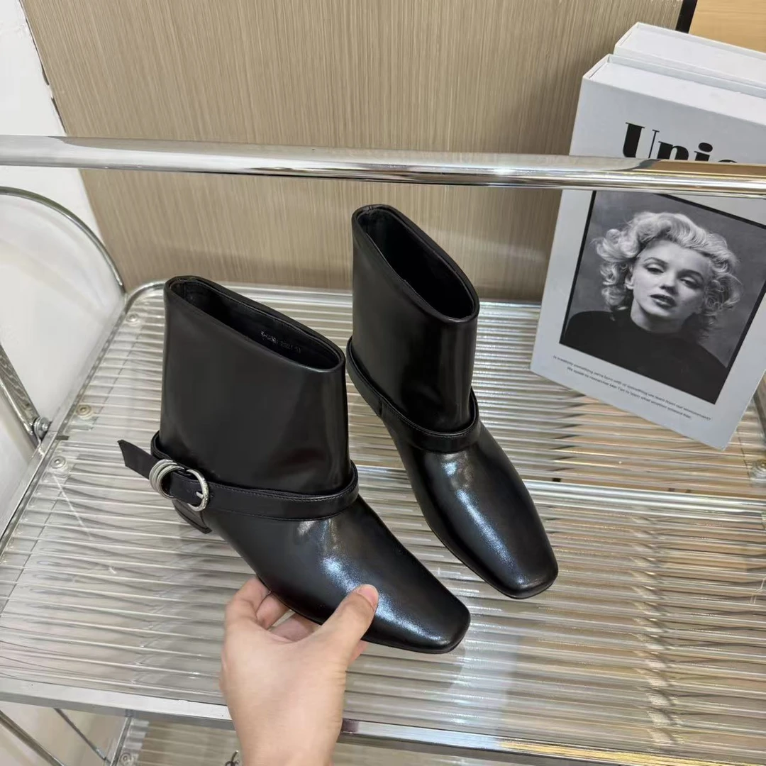 2025秋冬款法式低跟方头一脚蹬百搭短筒真皮女士瘦瘦靴短靴G2561