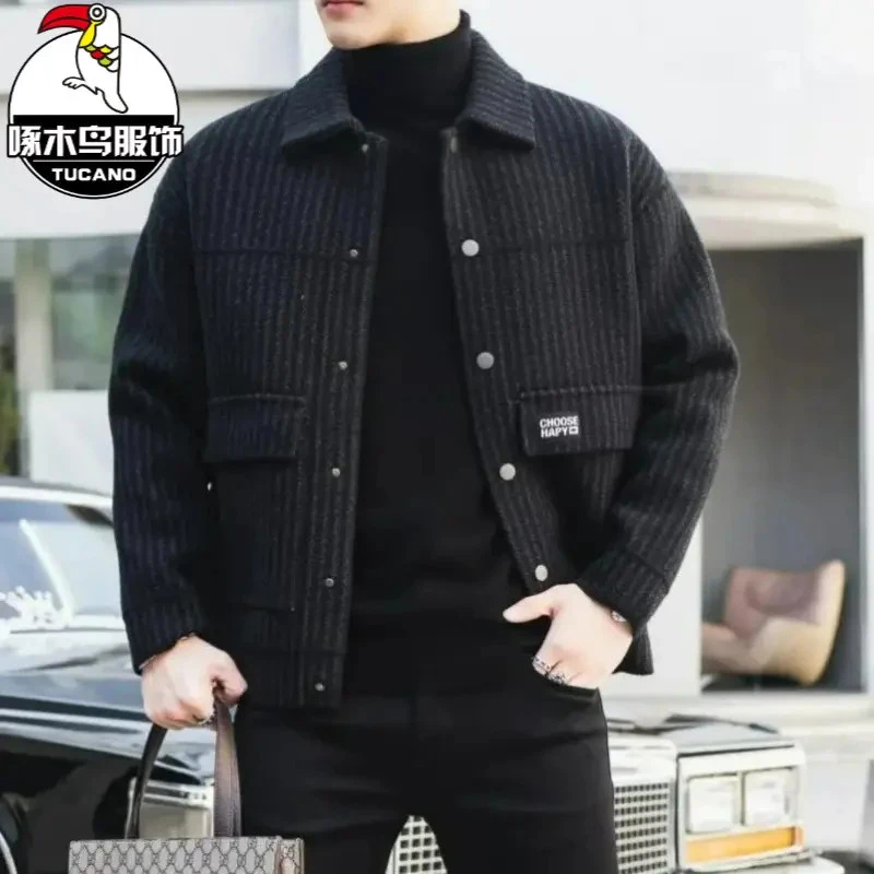 啄木鸟2026冬季新款男装外套加厚大衣男士外套休闲翻领开衫帅气