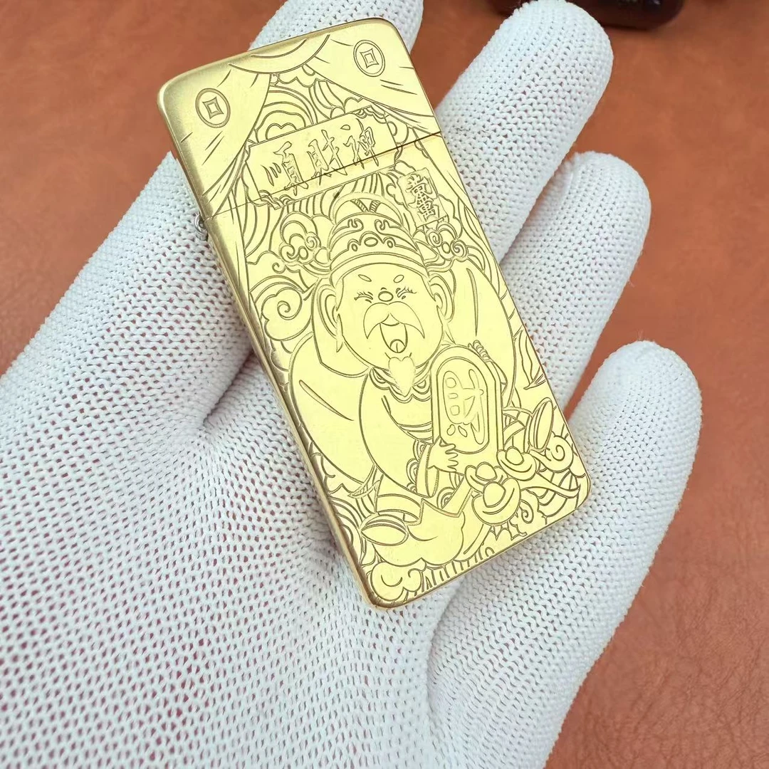 超薄纯黄铜二代精雕顺财神打火机防风高档创意送男友礼物