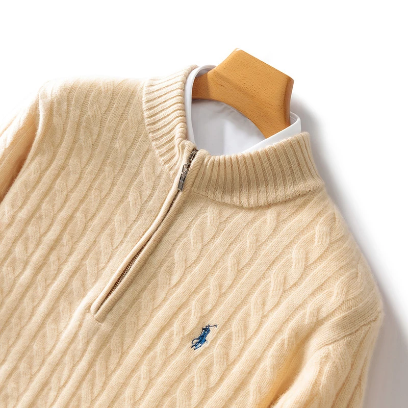 重磅双股加厚100澳洲羊毛男半高领拉链刺绣休闲针织打底衫