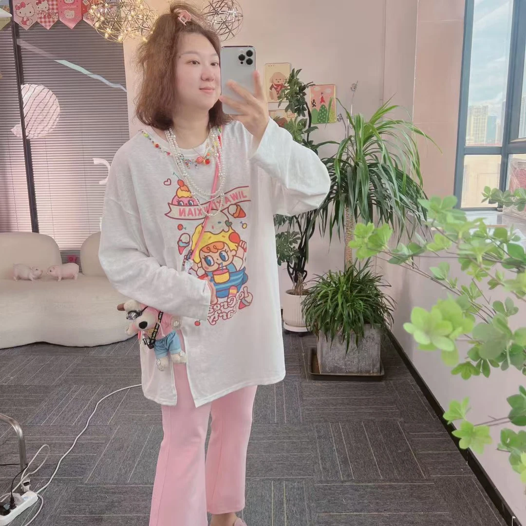 【纯熙+】18555夏季新款小项链侧开叉吃零食娃娃防晒长袖衫韩版T恤