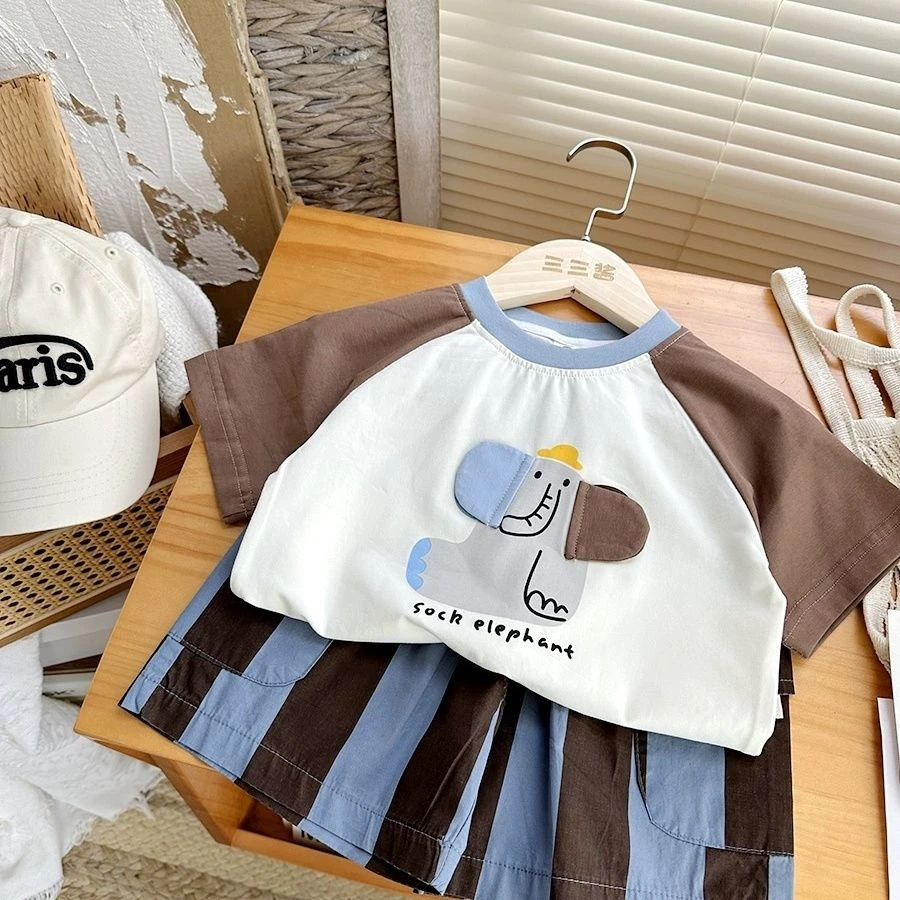 儿童夏季套装男童卡通插肩袖薄款短袖T恤宝宝条纹短