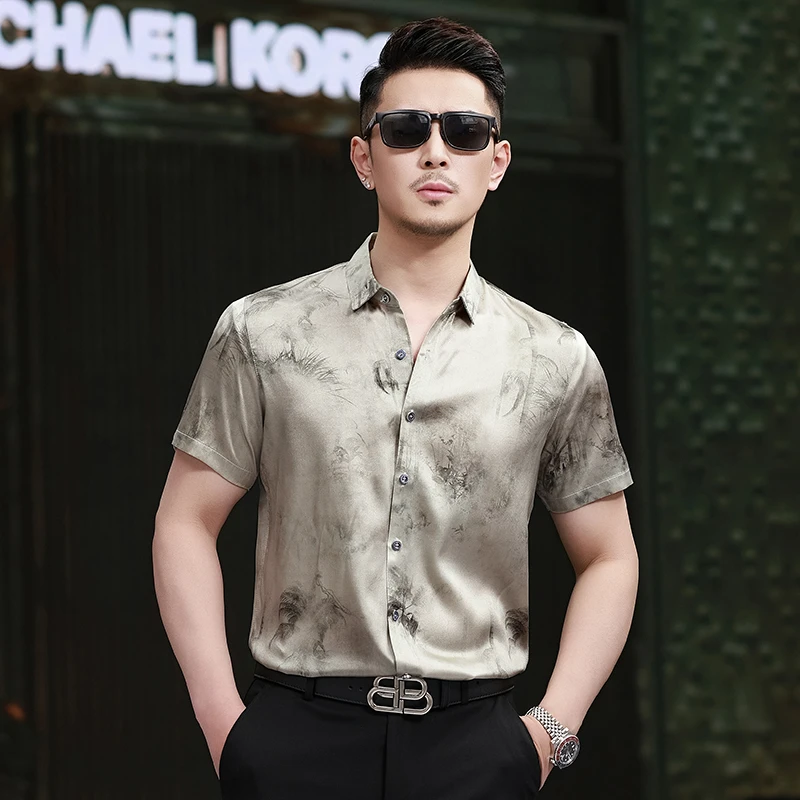 水墨小草男士桑蚕丝夏季高档衬衫男装短袖真丝花衬衣缎面丝绸5212