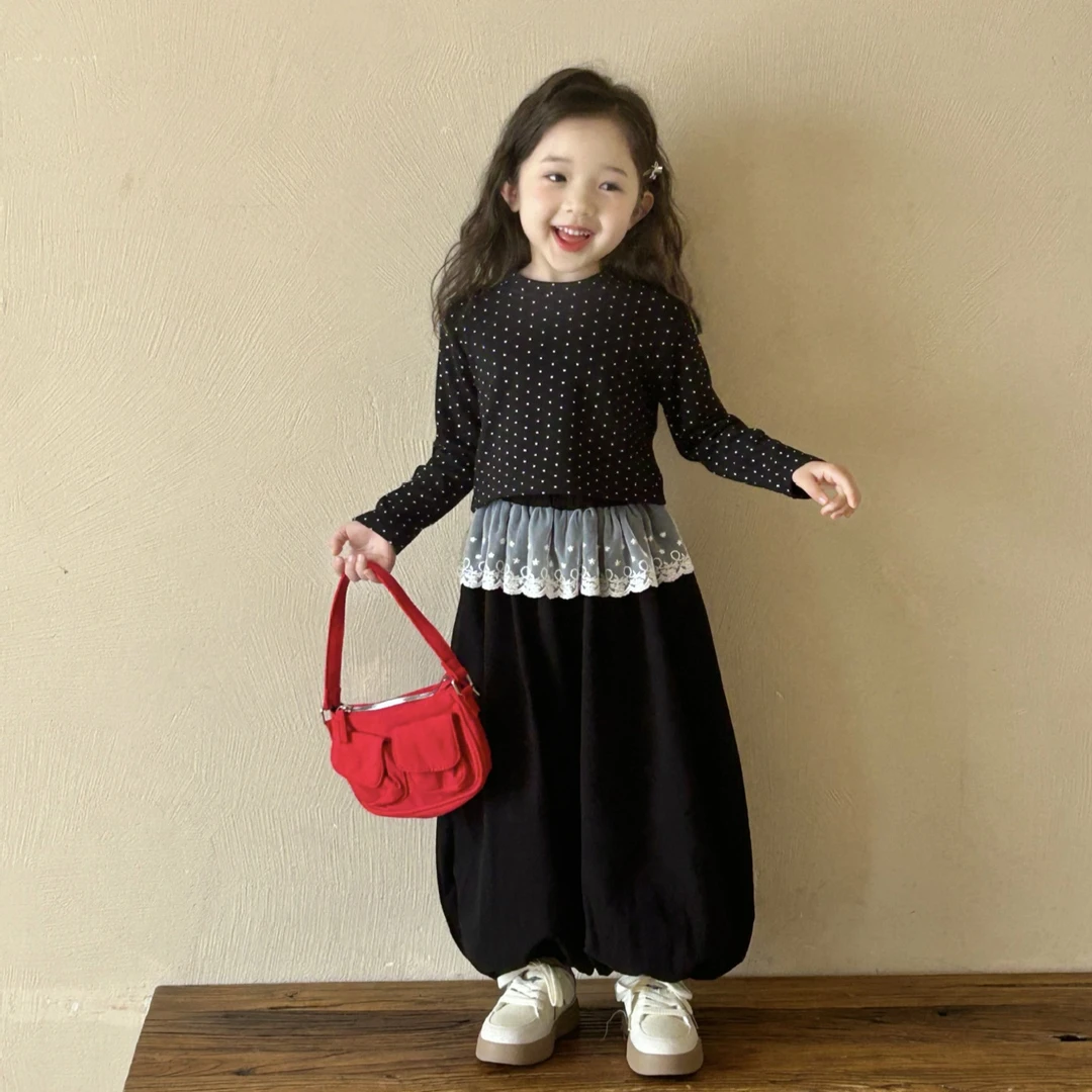 女童春装2025新款爆款休闲点子T恤花边裤子小女孩休闲套装