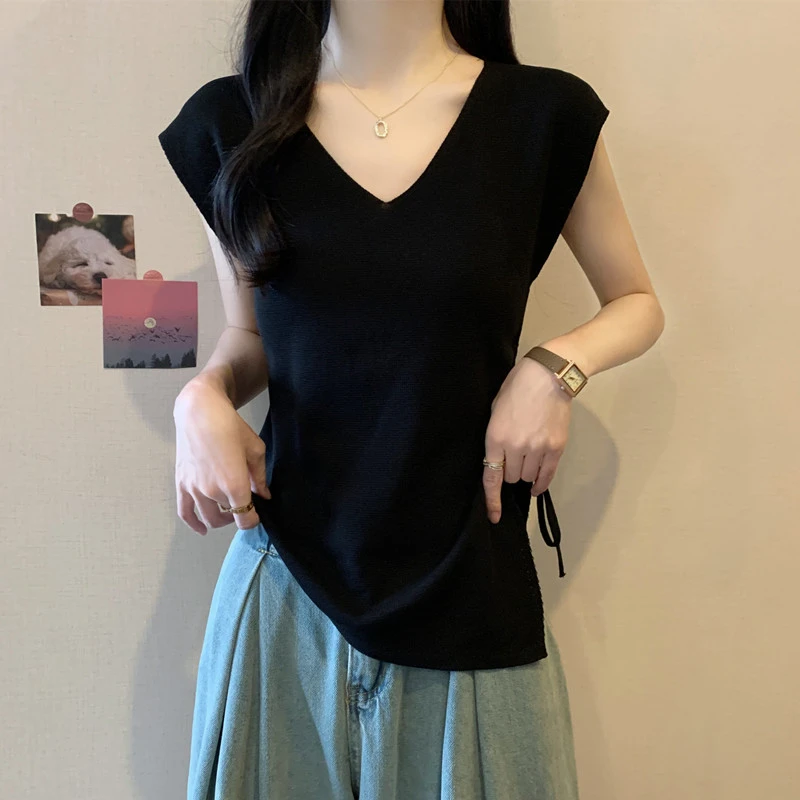 胖MM夏装大码女装新款不规则抽绳针织感V领飞飞袖T恤显瘦百搭上衣