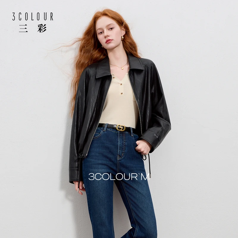 三彩2025秋季新款皮衣黑色PU外套休闲翻领宽松插肩袖时尚开衫女M