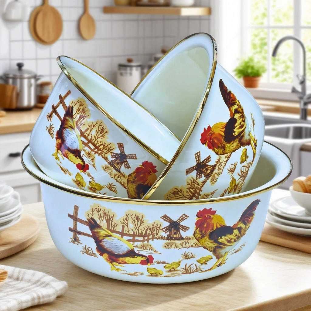 24-28-32CM包边盆三件套大公鸡 带PE盖 搪瓷家用汤盆备菜盆搅拌盆