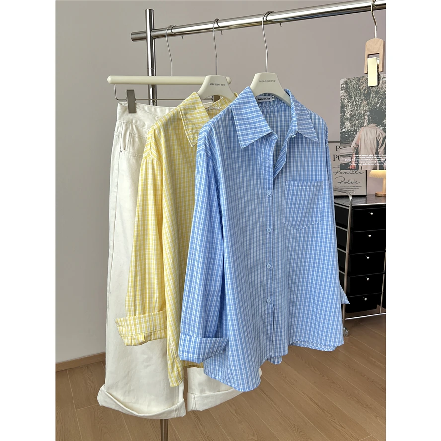宽松休闲Polo领长袖衬衫女新款格纹单排扣上衣小众小众百搭