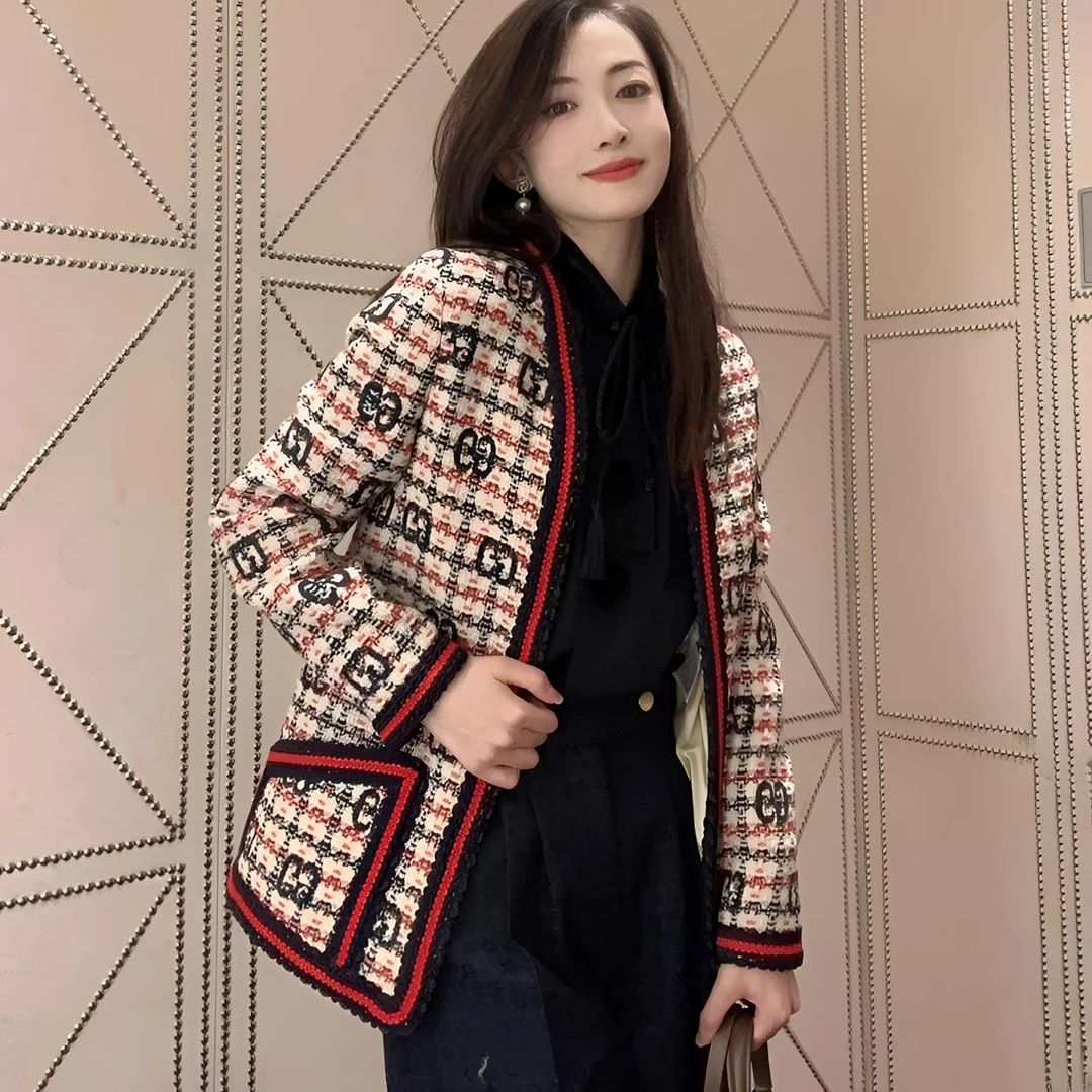 99新 GUCCI/古驰 WX25503/38码/Logo提花滚边花呢长袖开衫