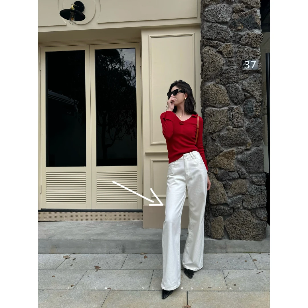 UKILAU人手一条白牛| 米白色高腰直筒牛仔裤百搭宽松显瘦牛仔长裤