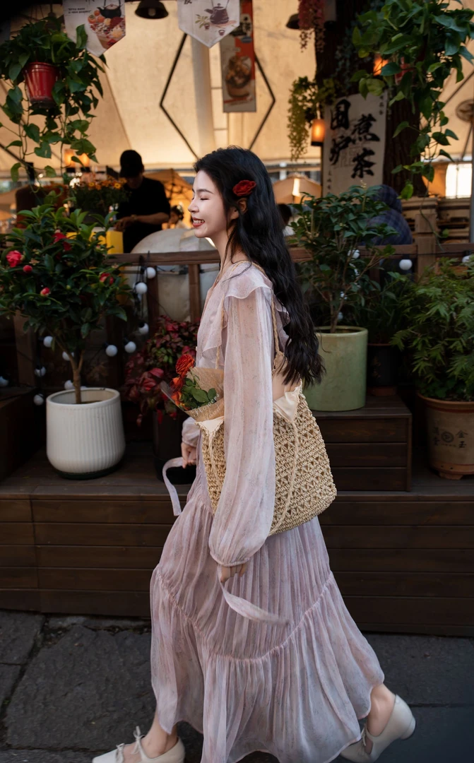 【古古】0323 【心动信号】用料 5米的粉色韩系气质碎花连衣裙G25400