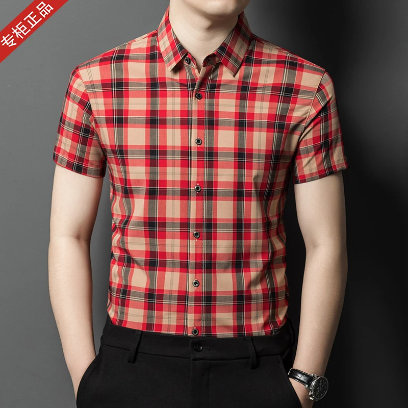 夏季新款专柜正品男士短袖衬衫商务休闲条纹格子中年爸爸装衬衣男