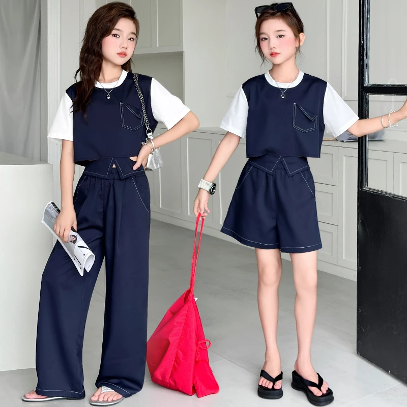 女童夏季假两件套装2025新款儿童撞色短袖上衣休闲短裤长裤两件套