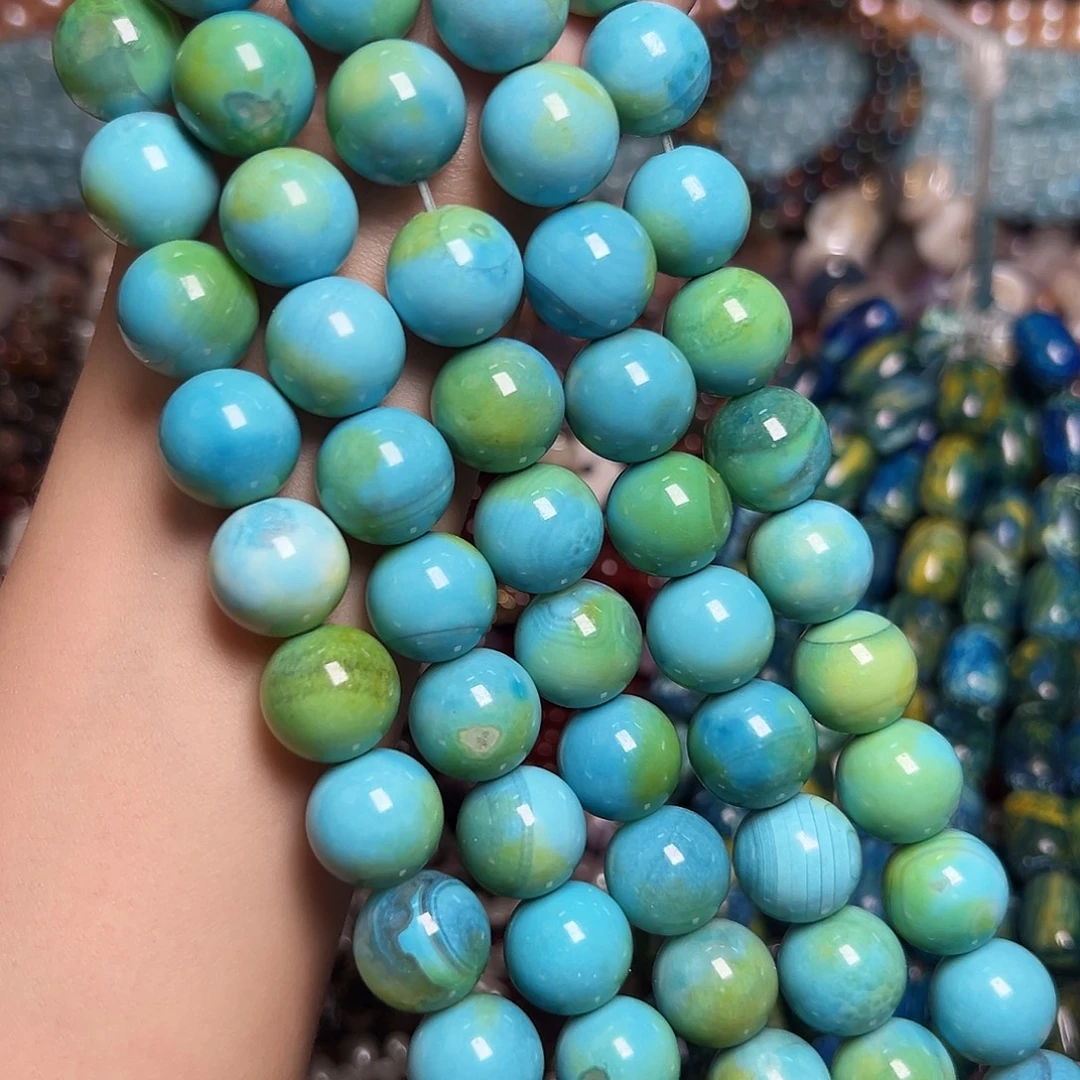 玛瑙/玉髓足银镶嵌珠宝半成品E272天然绿松石圆珠14mm